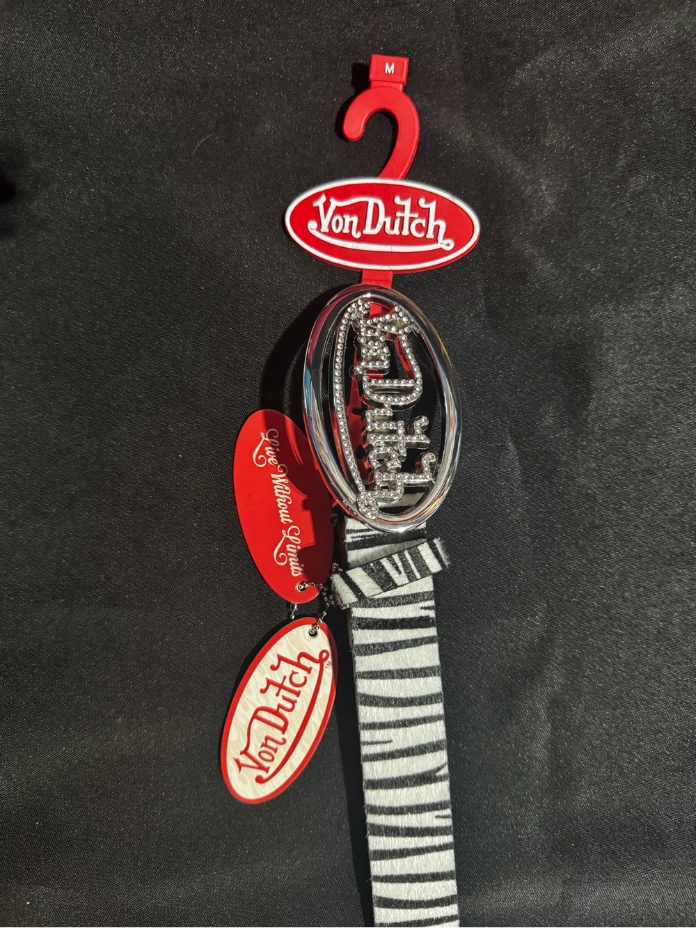 Von Dutch Zebra Print Belt with Rhinestone Oval Buckle - Black & White